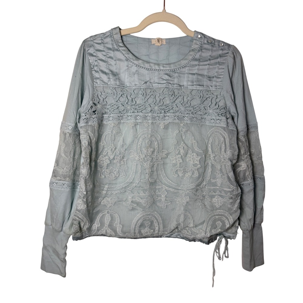 Anthropologie Tiny Lace Pintuck Blouse Size M Light Blue Good Boho Long Sleeve